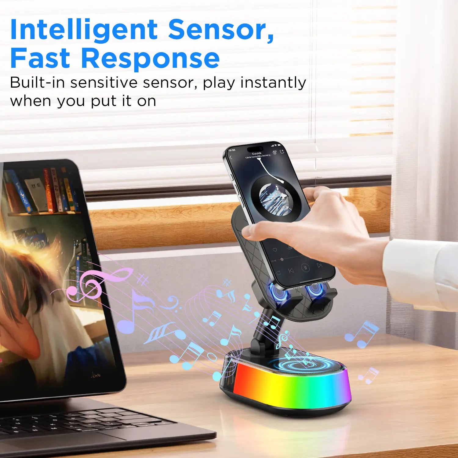 TIDEOK Wireless Bluetooth Speaker with Phone Holder, Emergency Charging, Smart Sensing, Colorful Atmosphere Light, 9D HD Surround Sound, Foldable & Rotatable, for Iphone & Android