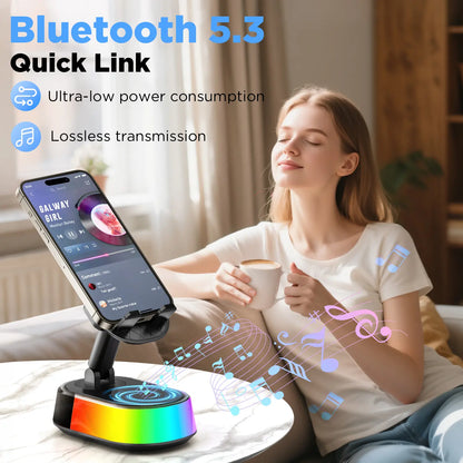 TIDEOK Wireless Bluetooth Speaker with Phone Holder, Emergency Charging, Smart Sensing, Colorful Atmosphere Light, 9D HD Surround Sound, Foldable & Rotatable, for Iphone & Android