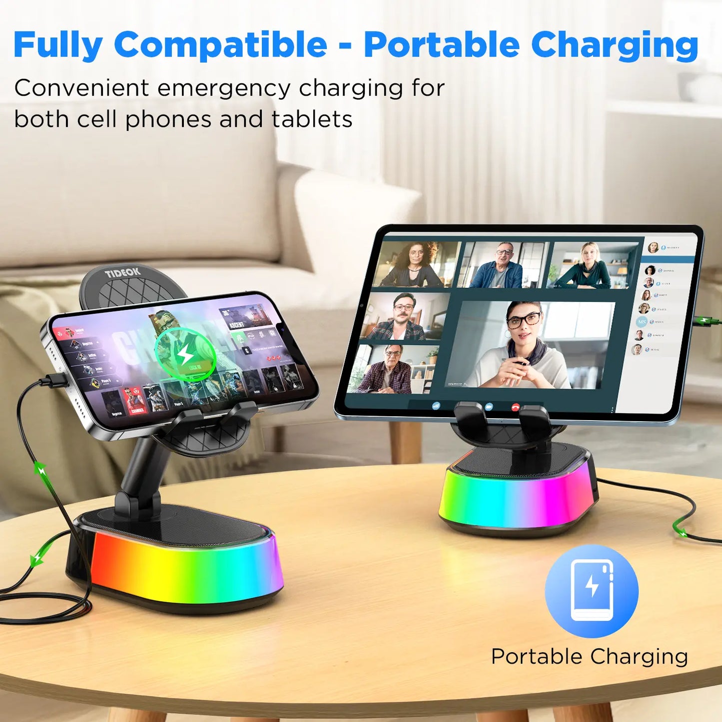 TIDEOK Wireless Bluetooth Speaker with Phone Holder, Emergency Charging, Smart Sensing, Colorful Atmosphere Light, 9D HD Surround Sound, Foldable & Rotatable, for Iphone & Android