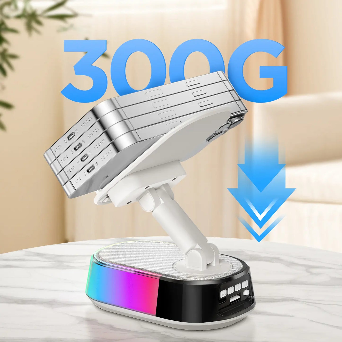 TIDEOK Wireless Bluetooth Speaker with Phone Holder, Emergency Charging, Smart Sensing, Colorful Atmosphere Light, 9D HD Surround Sound, Foldable & Rotatable, for Iphone & Android